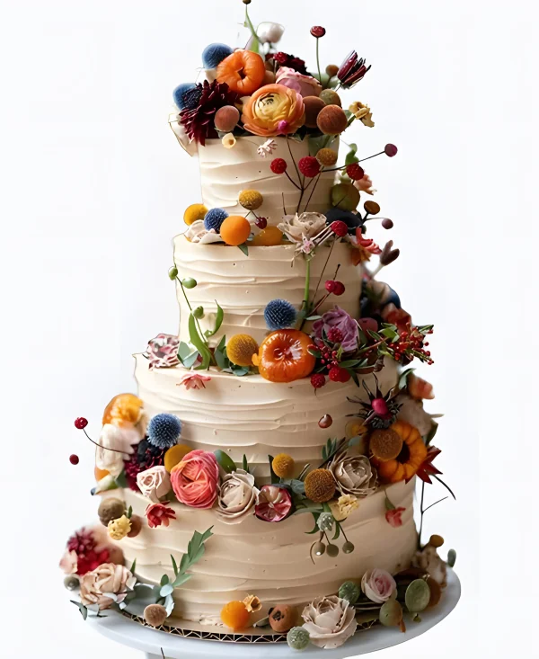 Трендовый четырехъярусный торт с цветами Фото