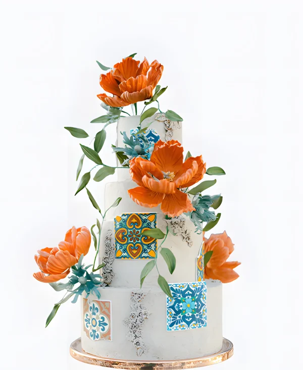 Трендовый свадебный торт с яркими цветами Фото
