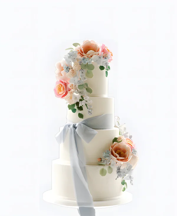 Трендовый торт на свадьбу с бантом и цветами Фото