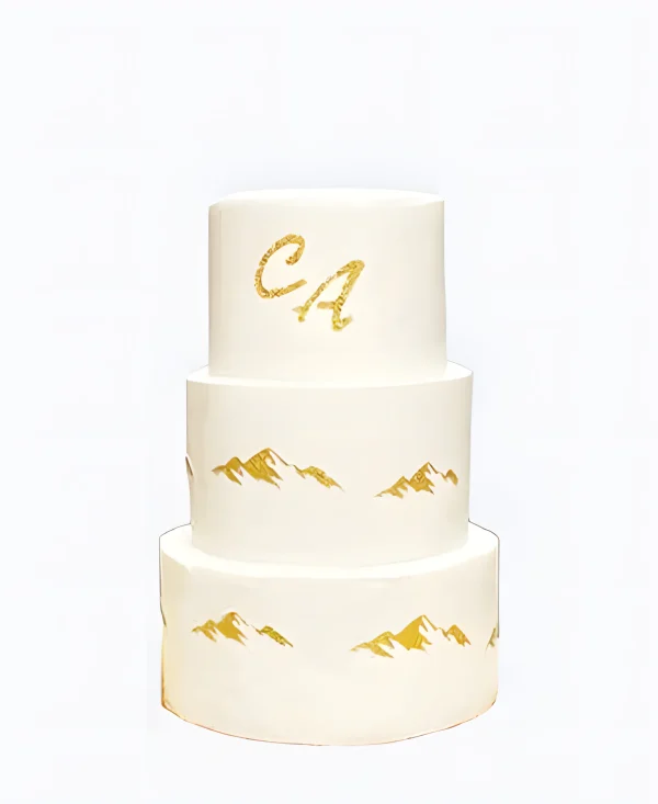 Трендовый торт на свадьбу с горами и инициалами Фото