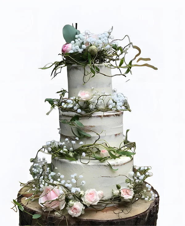 Трендовый торт на свадьбу с композицией из цветов и веток Фото