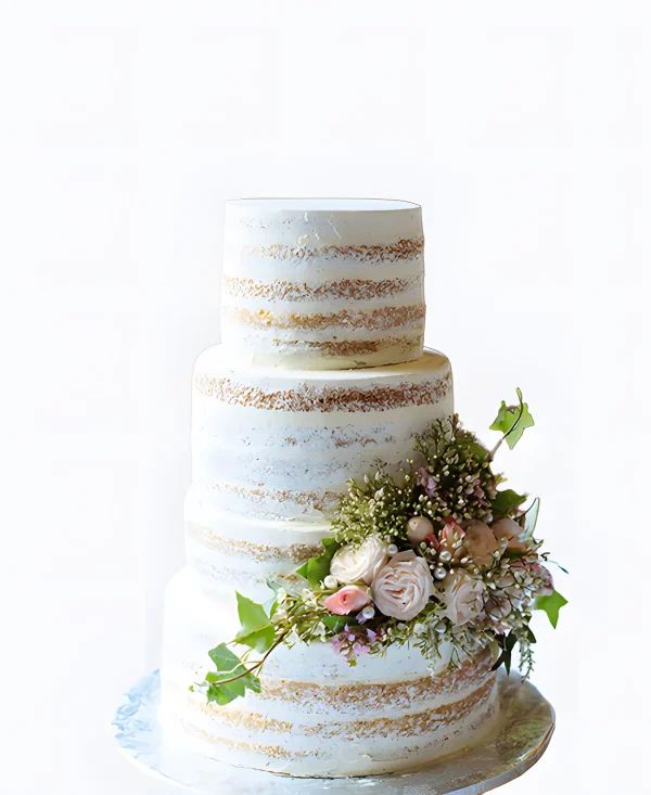 Торт на свадьбу с открытыми коржами и букетом цветов Фото