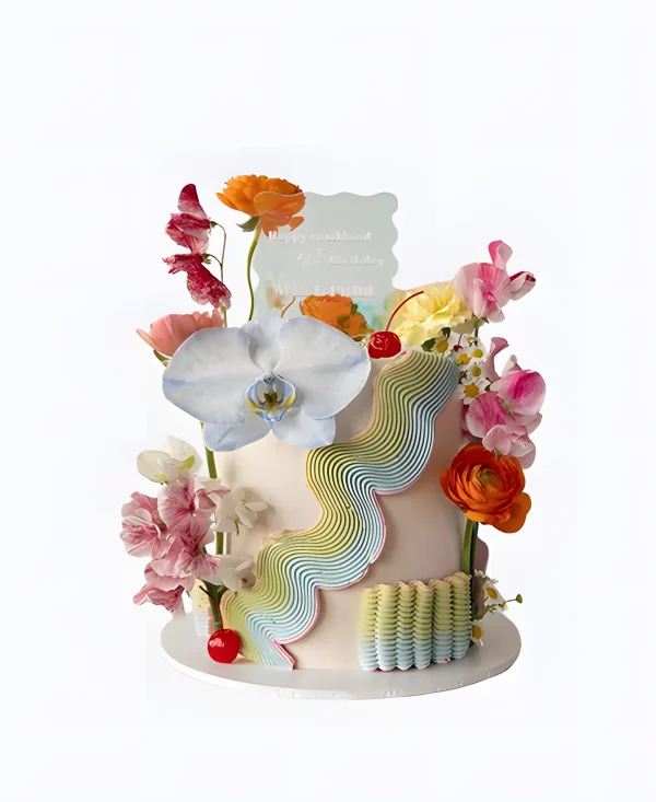 Трендовый торт на свадьбу с табличкой и цветами Фото