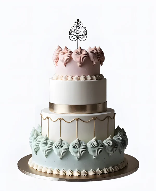 Трендовый торт с разноцветными ярусами на свадьбу Фото