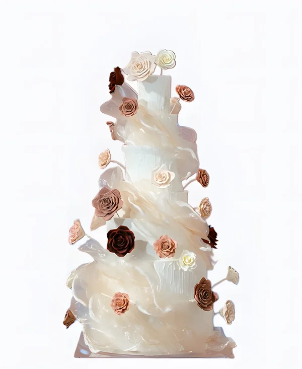 Трендовый торт с вафельным декором и цветами на свадьбу Фото