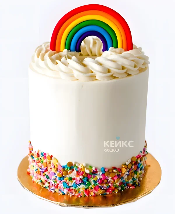 Белый торт с радугой и кремом Фото