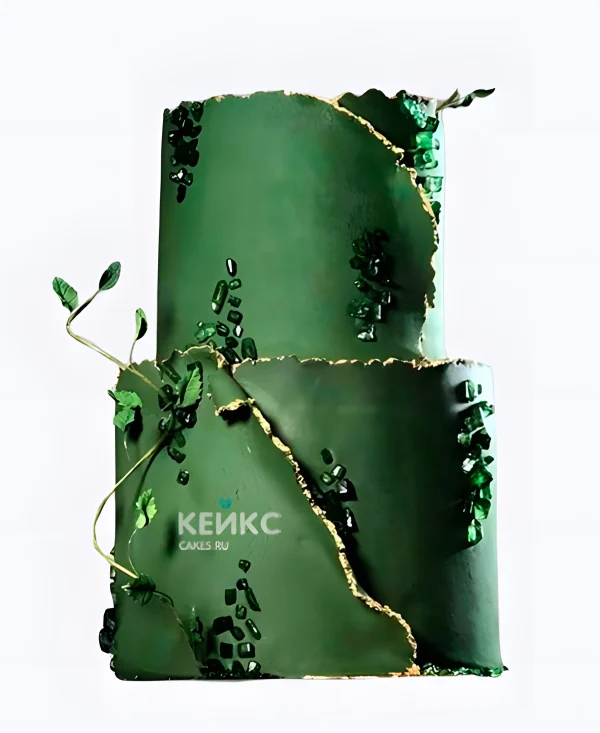 Зеленый свадебный торт с камнями Фото