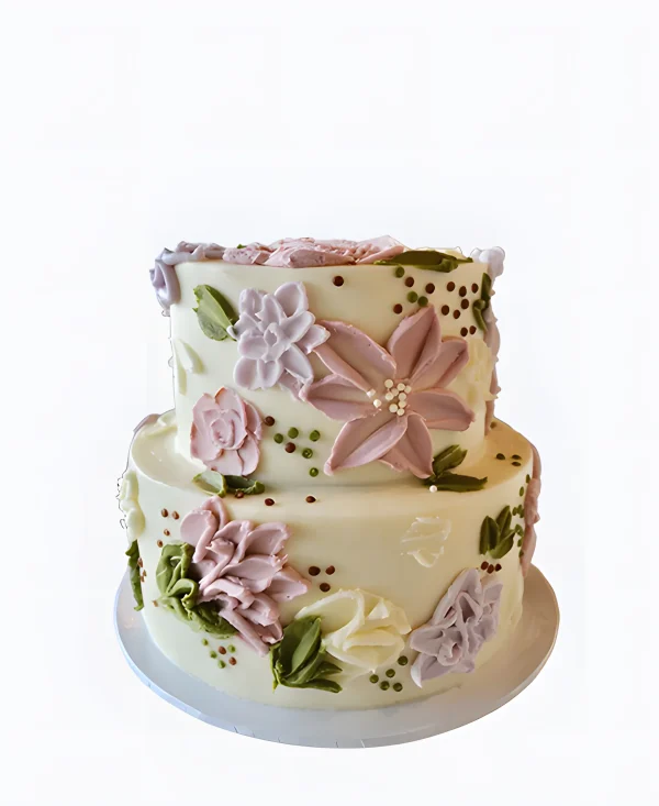 Зеленый трендовый торт на свадьбу с кремовыми цветами Фото