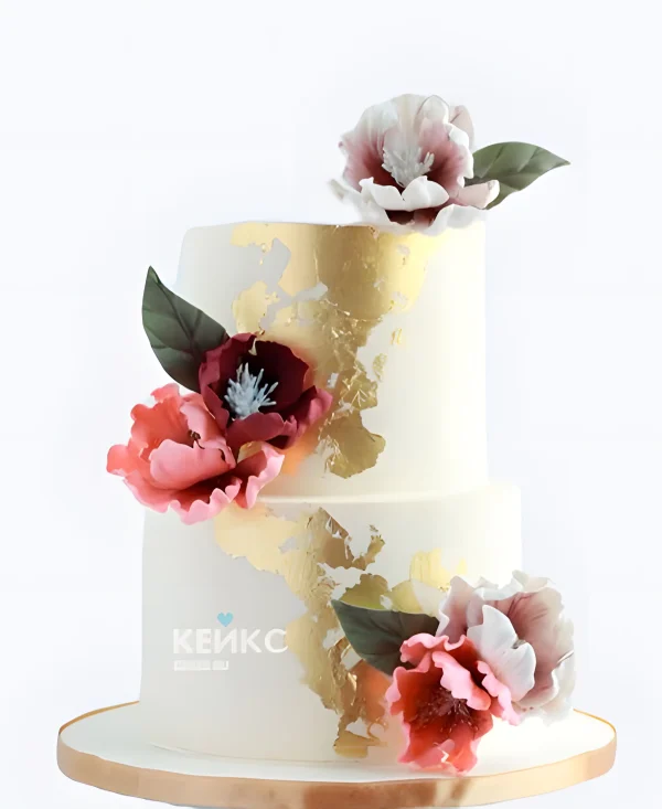 Золотой свадебный торт Розовые цветы Фото