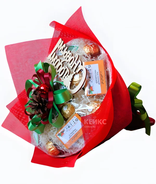 Букет на новый год из конфет и чая 3 Фото