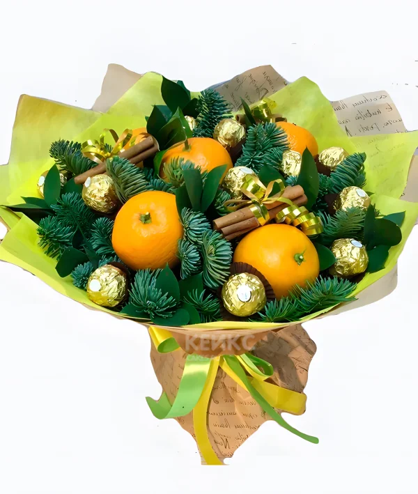 Букет на новый год из мандаринов и конфет Фото