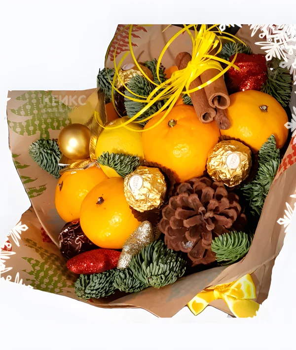 Букет на новый год из мандаринов и шишек Фото