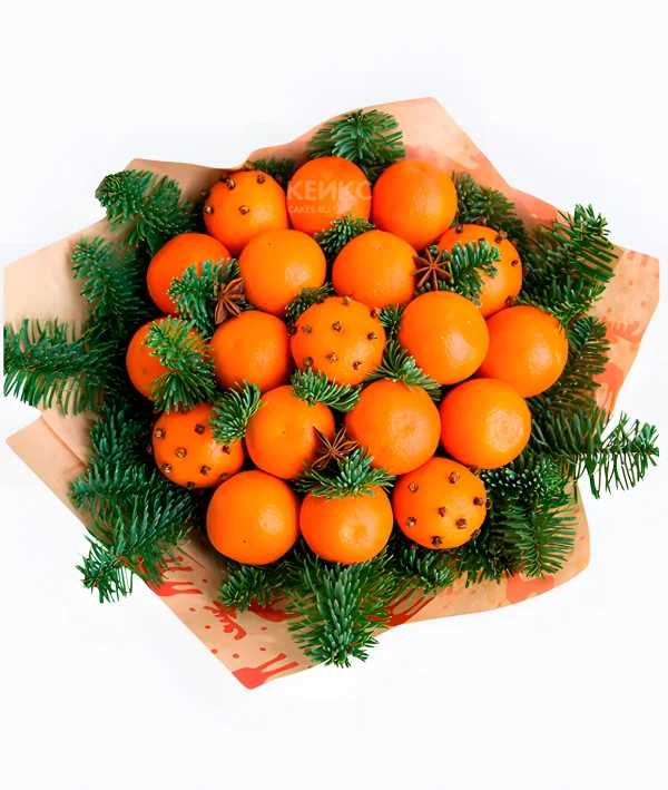 Букет на новый год из мандаринов и еловых веток 3 Фото