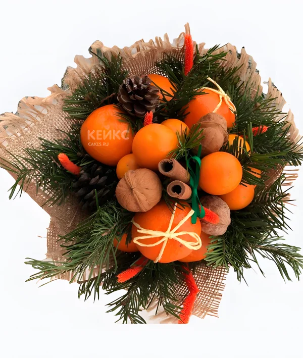 Букет на новый год из мандаринов и еловых веток 4 Фото