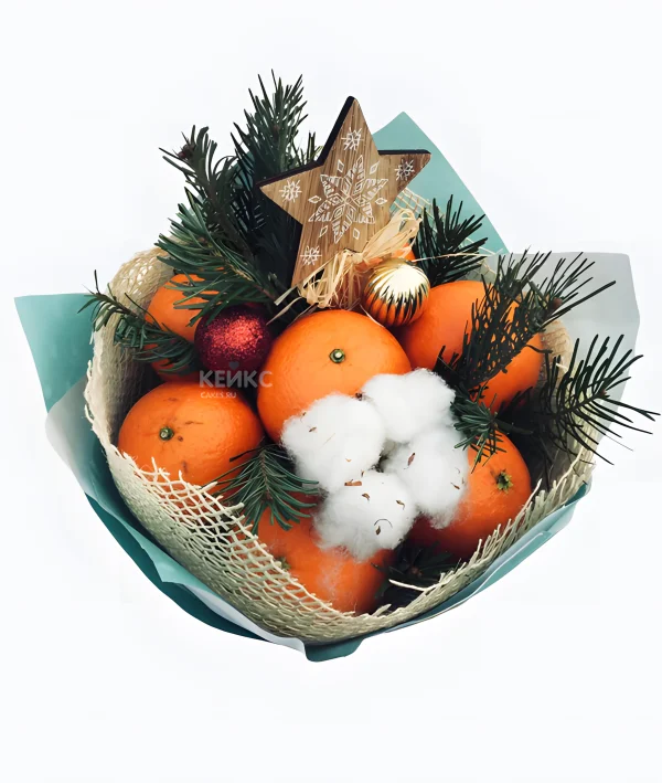 Букет на Новый год из мандаринов и еловых веток 5 Фото