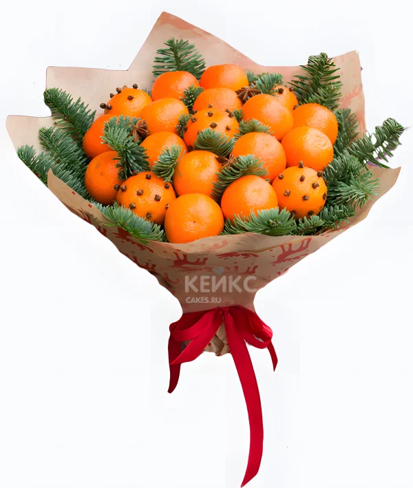 Букет на Новый год из мандаринов и еловых веточек Фото