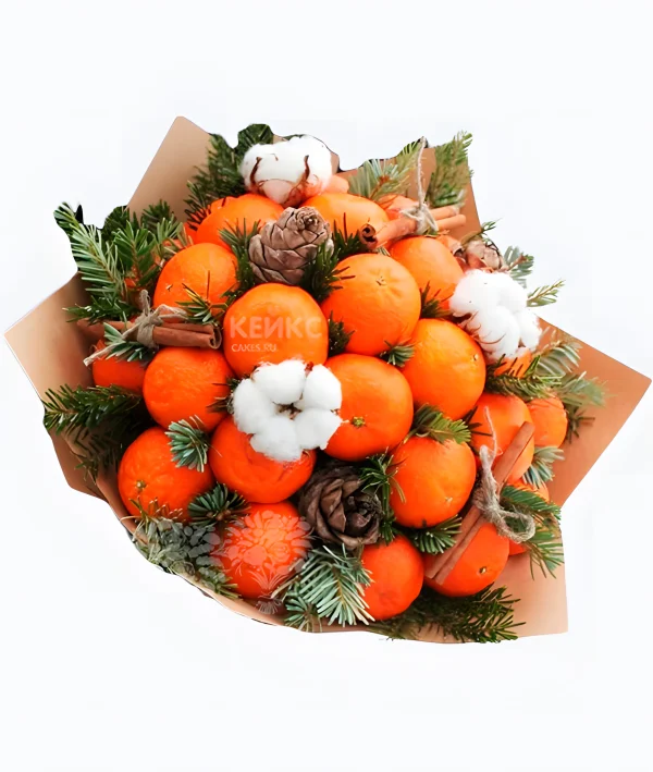 Новогодний букет из мандаринов и еловых веточек Фото