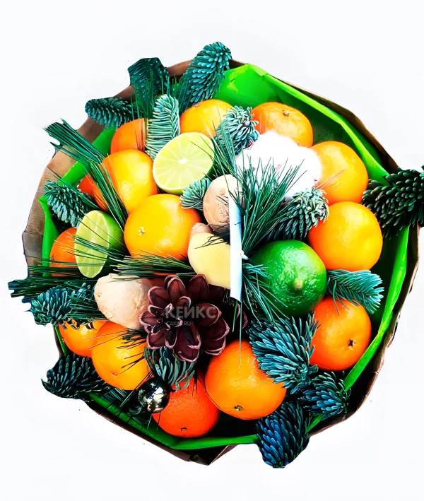 Букет на Новый год из мандаринов и еловых веток 8 Фото