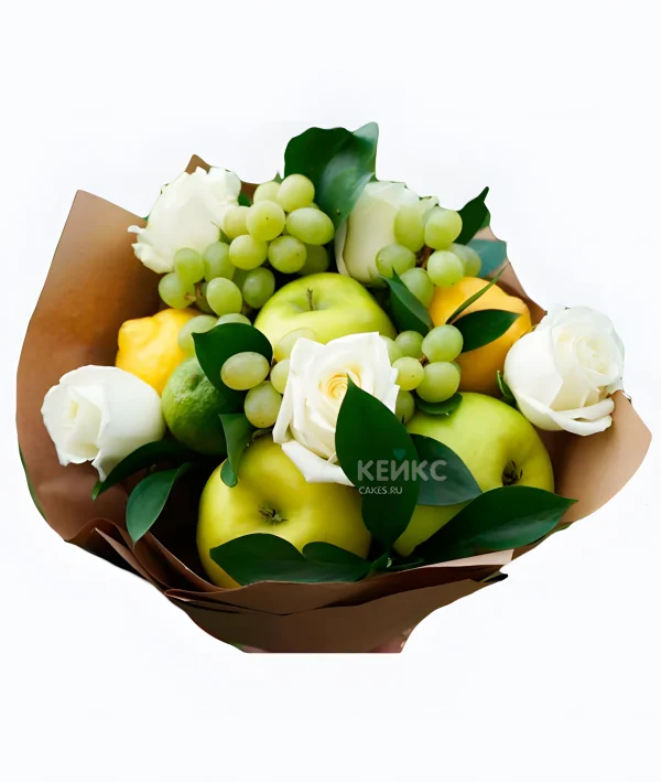 Букет с виноградом, цветами и желтыми лимонами Фото