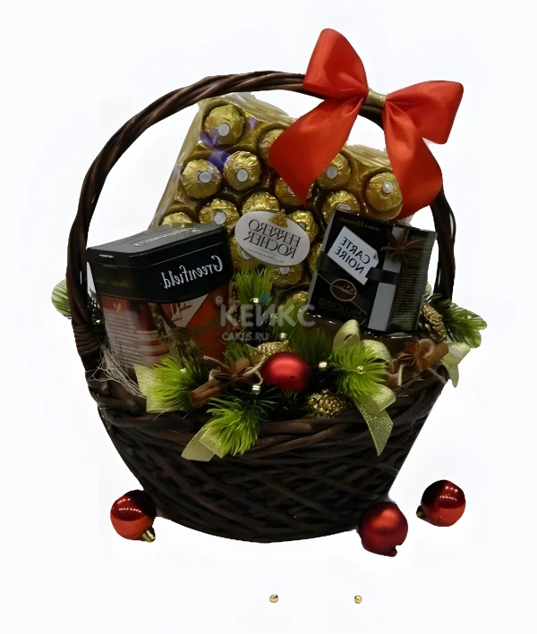 Корзина с конфетами и чаем на Новый год 6 Фото