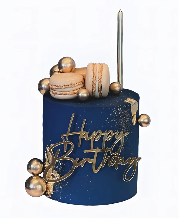 Синий торт с макаронс и золотом Фото