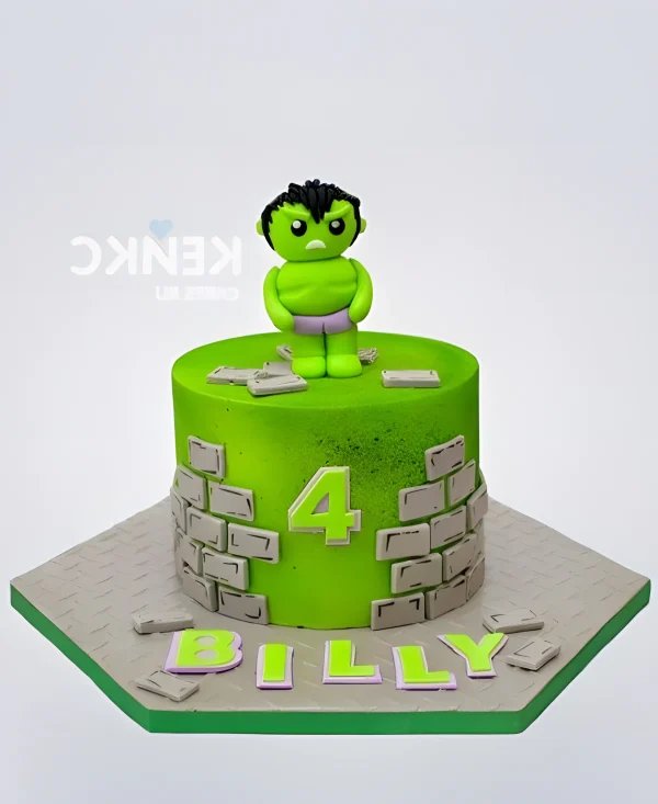 Ярко-зеленый торт с фигуркой Халка и кирпичами Фото