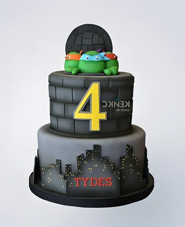 Двухъярусный темно-серый торт Черепашки ниндзя цифрой Фото