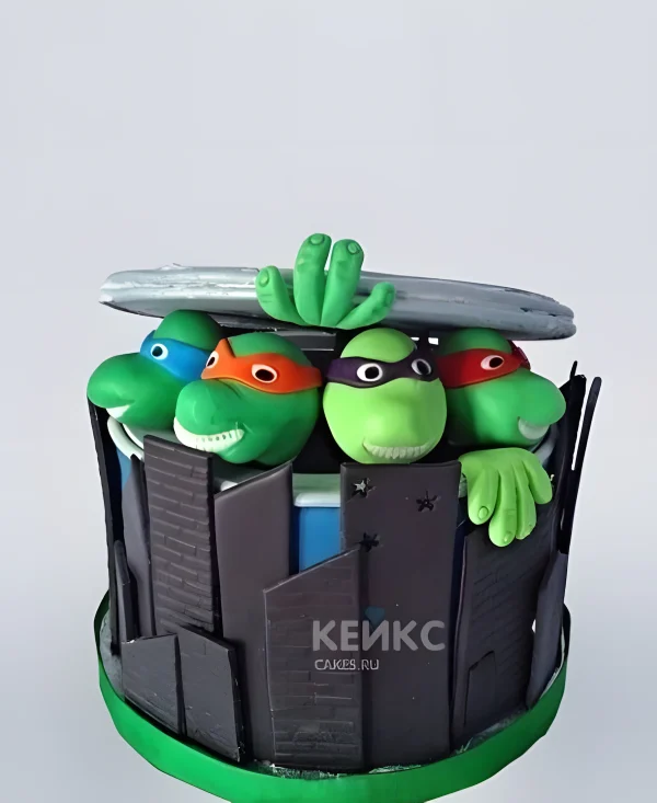 Торт с черепашками ниндзя в канализационном люке Фото