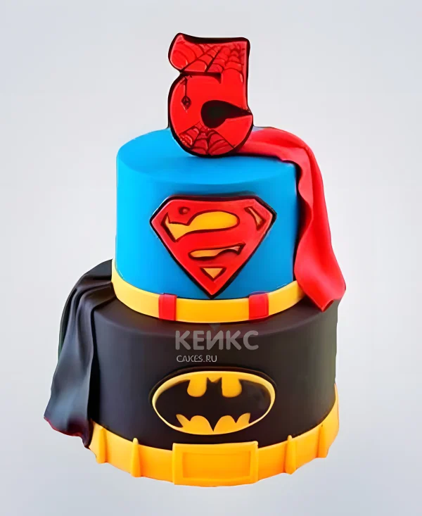 Торт с супергероями Бетмен и Супермен Фото