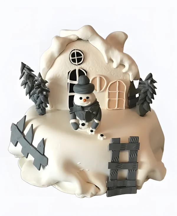 Торт Зимний домик со снеговиком Фото