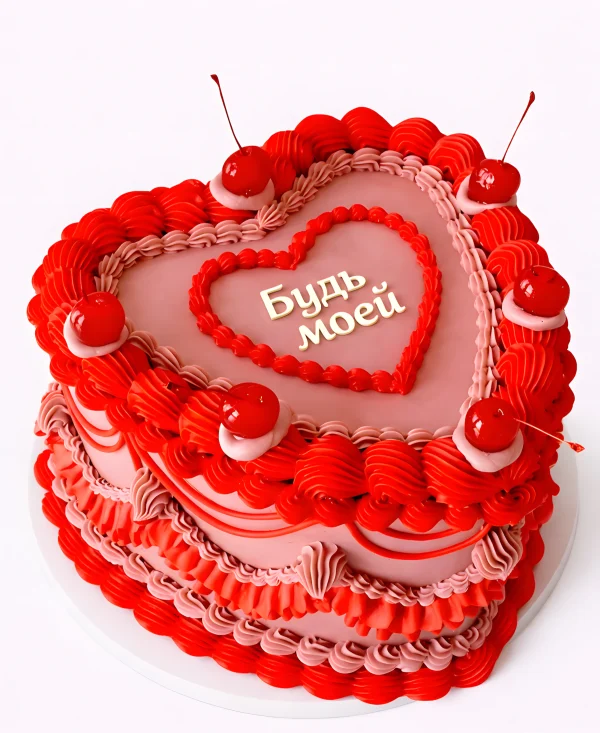 Торт на 14 февраля без мастики с вишней Фото