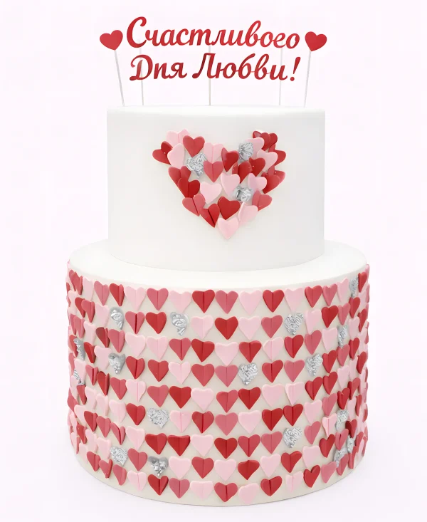Торт на 14 февраля с разноцветными сердечками Фото