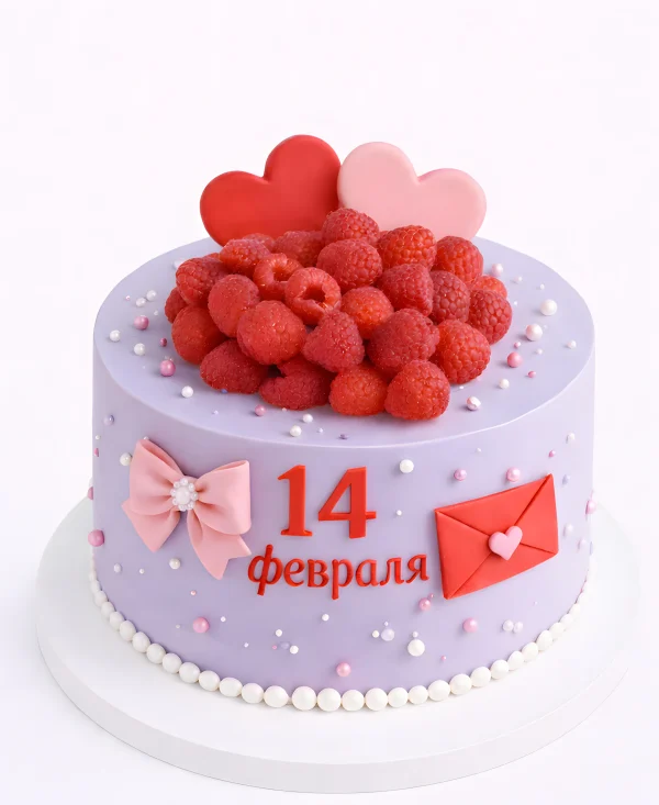 Нежный пурпурный торт с малиной на 14 февраля Фото