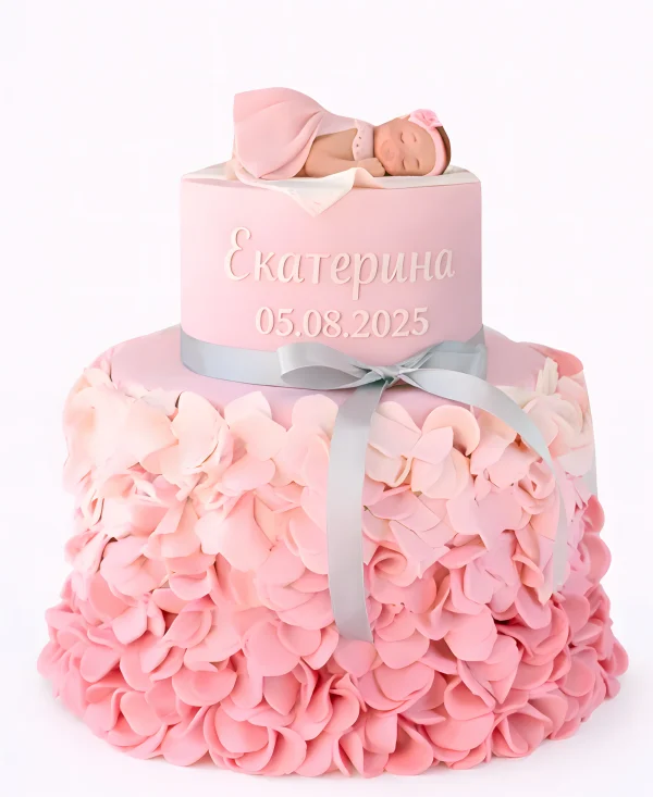 Детский розовый торт с цветами и младенцем Фото