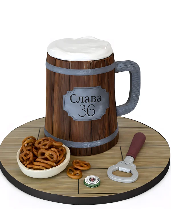 Торт в виде деревянной кружки с пивом Фото