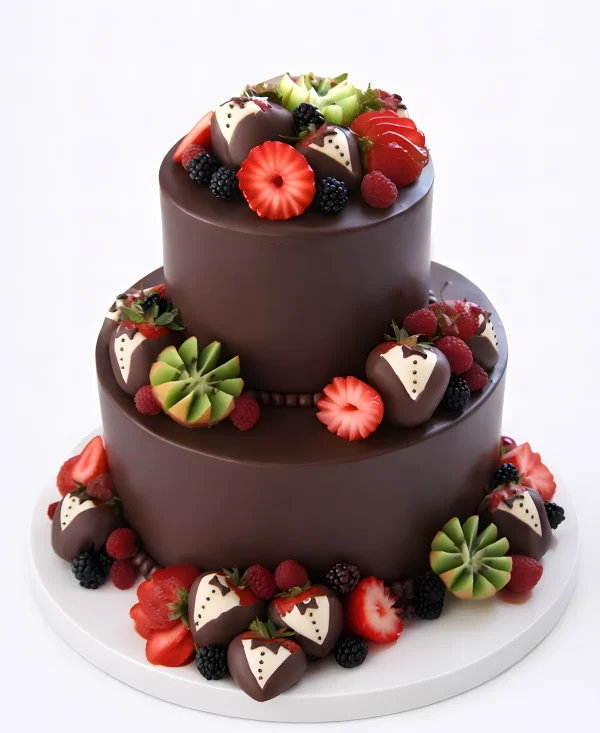 Шоколадный двухъярусный торт с фруктами и ягодами Фото