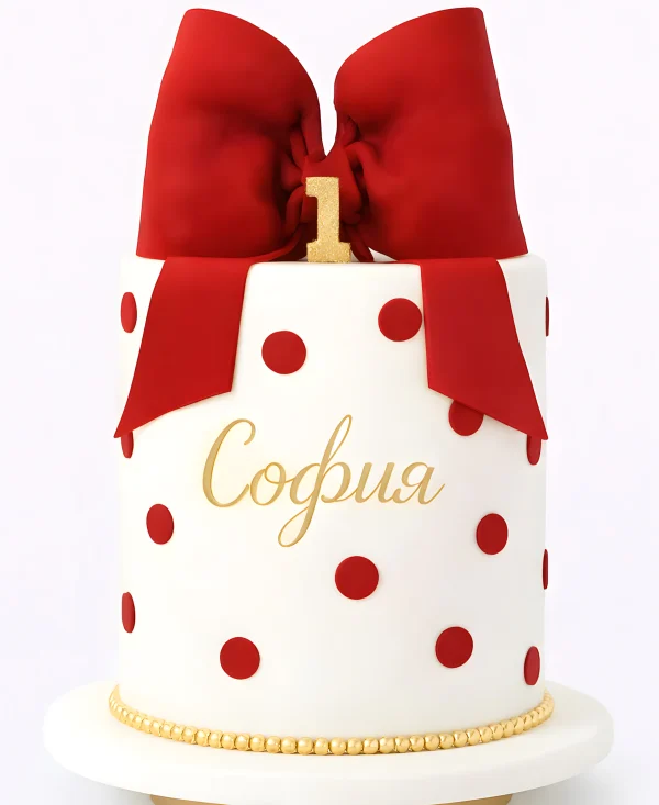 Белый тортик в красную точку с бантом Фото