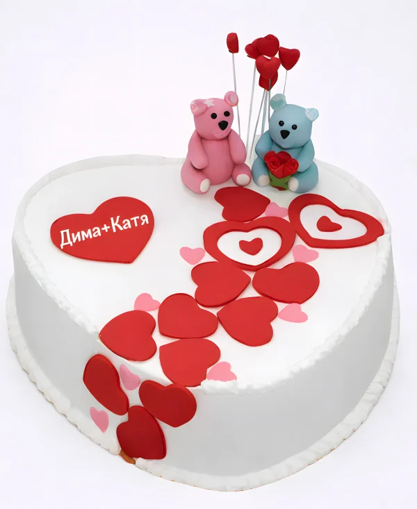 Торт с мишками и красными сердцами Фото