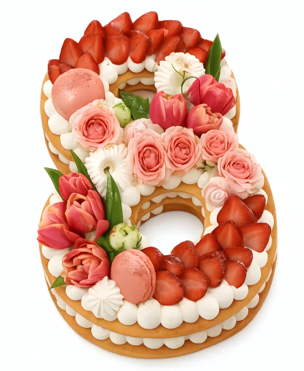 Аппетитный торт на 8 марта с клубникой и живыми цветами Фото