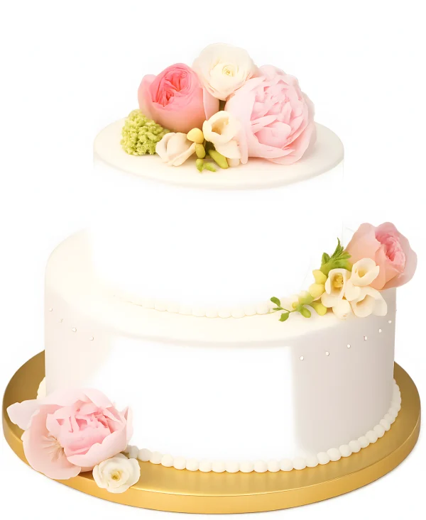 Двухъярусный белый свадебный торт, украшенный живыми пионами Фото