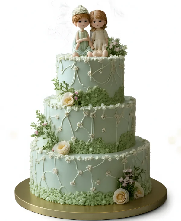 Изящный торт в стиле лесной идиллии с фигурками человечков Фото