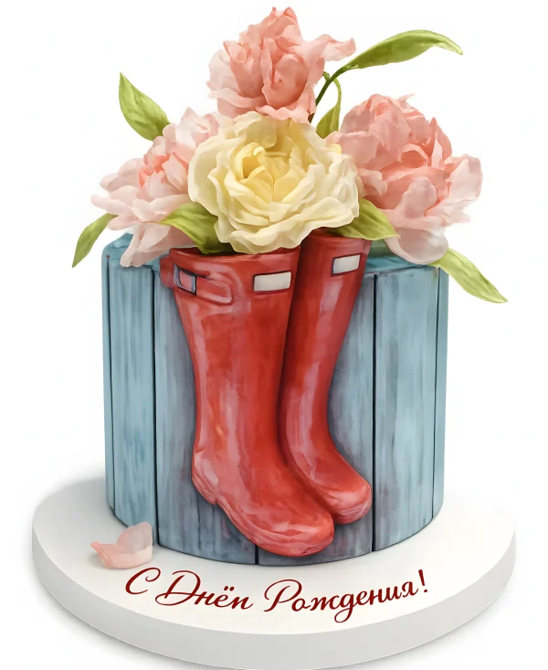 Изысканный торт девушке с сапогами и цветами Фото