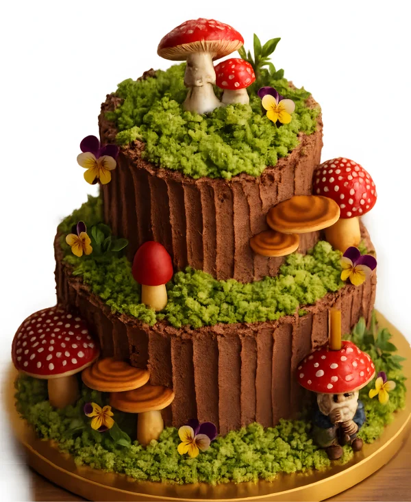 Многоярусный торт в виде пня с грибами Фото
