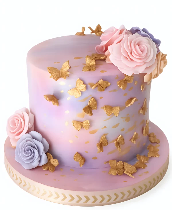 Нежный торт на 8 марта с золотыми бабочками и цветами Фото