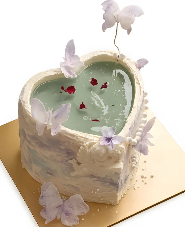 Нежный торт в форме сердца с бабочками Фото
