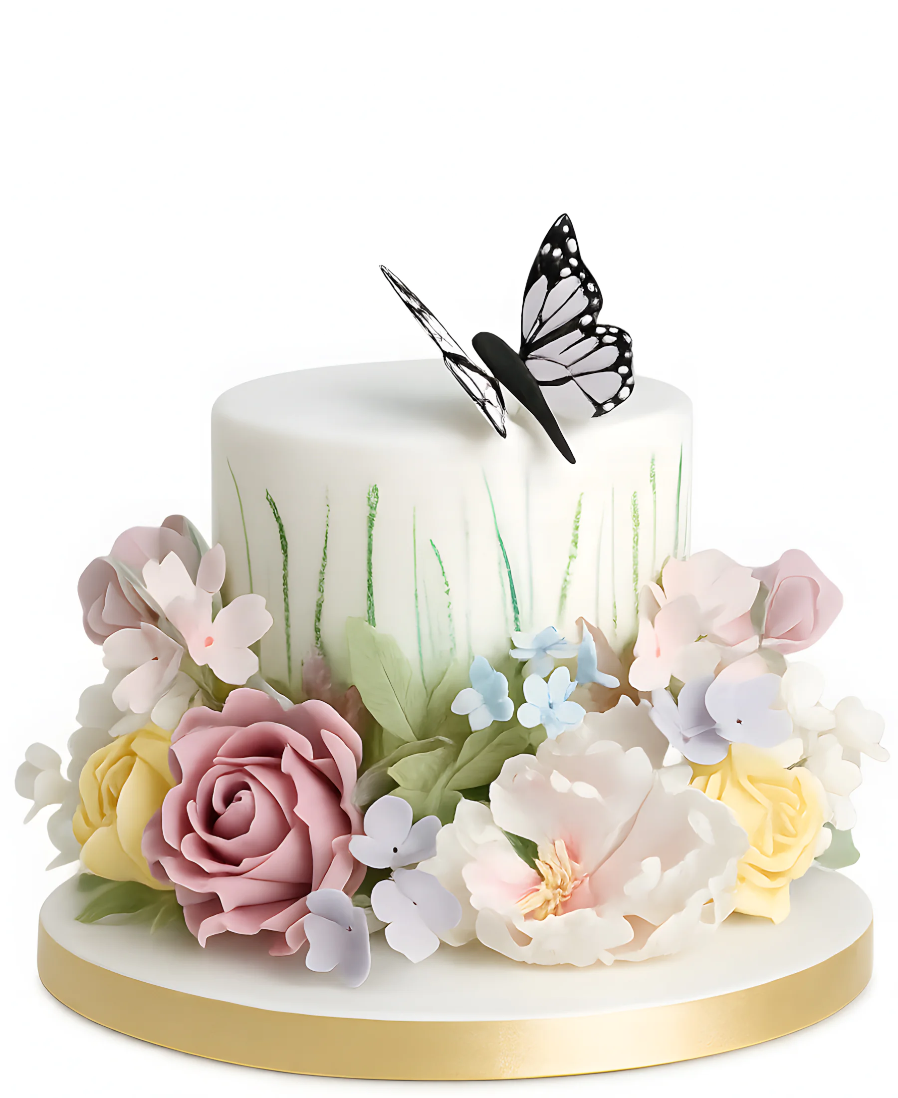 Пышный торт на 8 марта с бабочками и цветами Фото