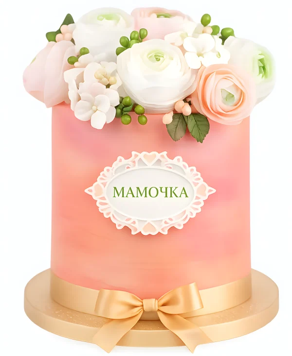 Роскошный розовый торт на 8 марта с цветами Фото