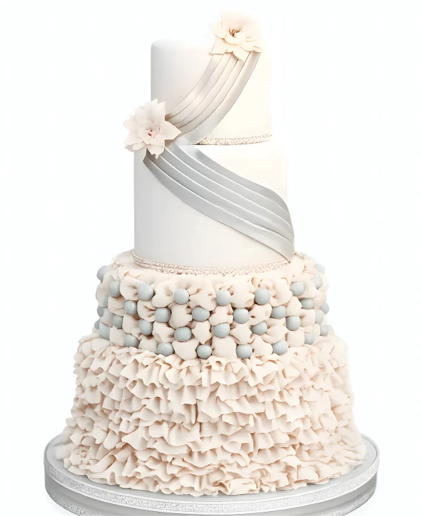 Эксклюзивный серо-розовый свадебный торт с рюшами и цветами Фото