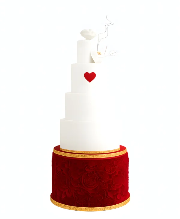 Шикарный торт на свадьбу с белыми и бордовыми ярусами Фото