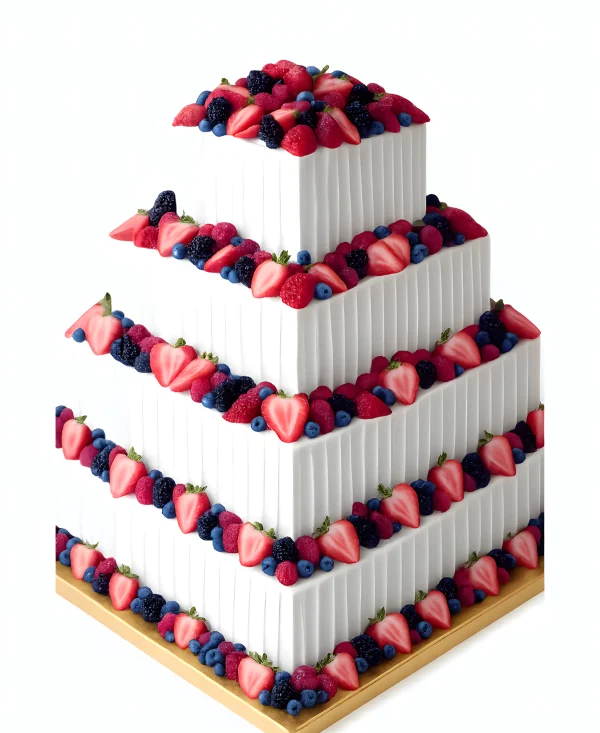 Трехъярусный квадратный свадебный торт с ягодами Фото